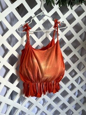 Upcycled No-Sew T-Shirt Fringe Bag Orange Tie Dye Lightweight Tote Boho Handmade